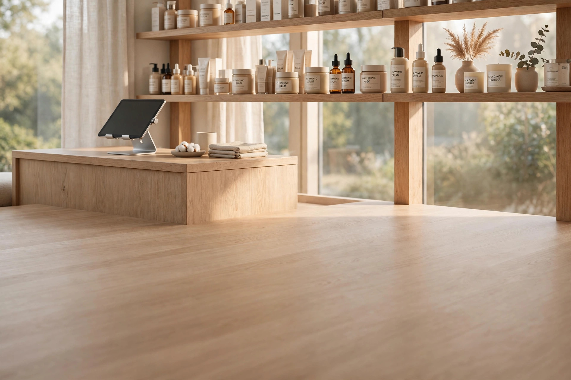 A med spa retail counter — wooden shelves of skincare products, a tablet register, warm natural light, no people