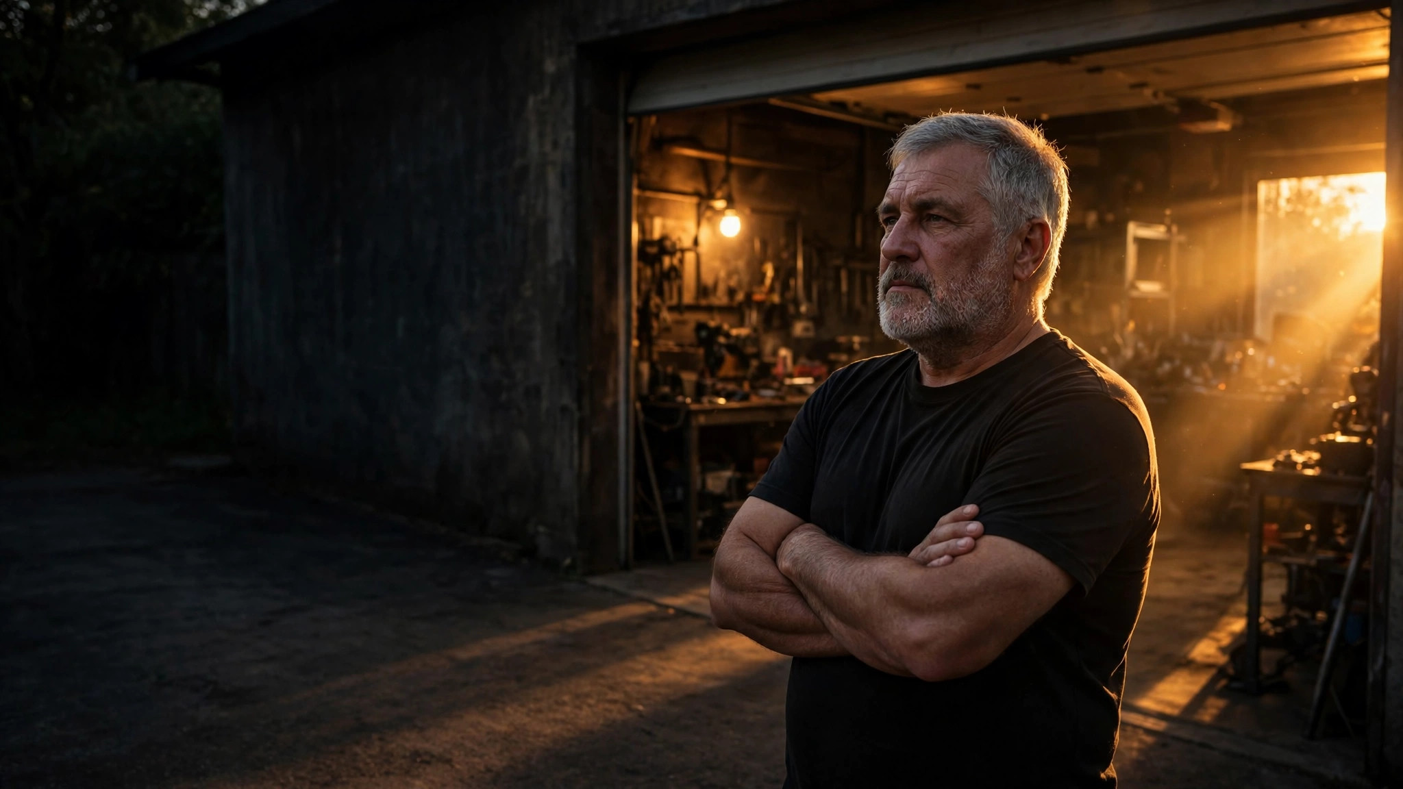 A shop owner at day's end, arms crossed in front of his workshop in the last of the light