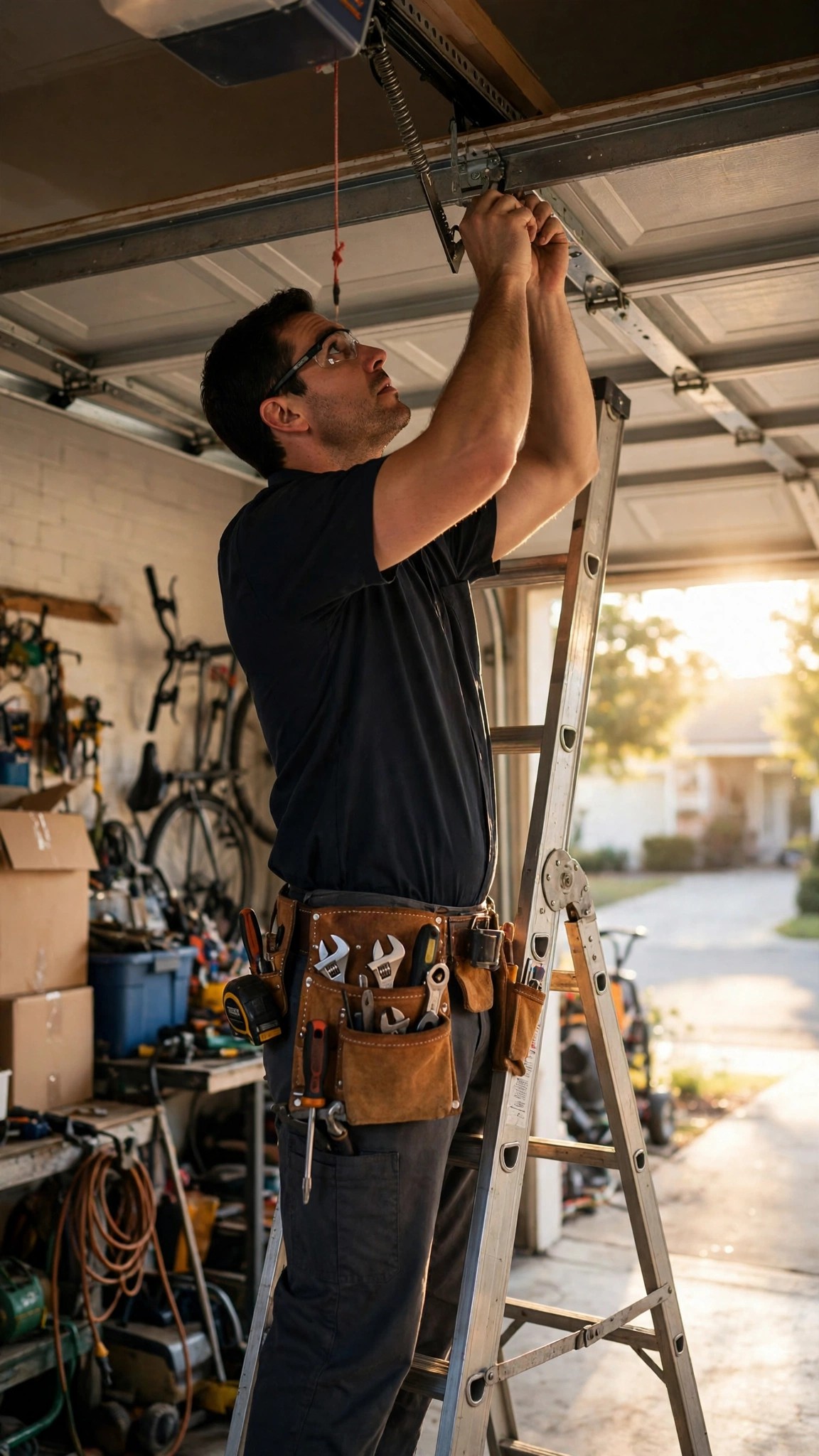 A garage door technician on a ladder, both hands on the job
