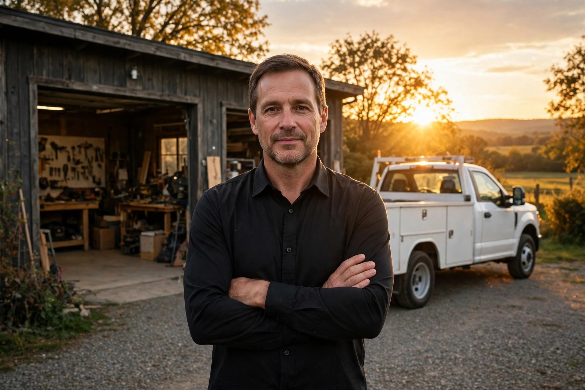 A business owner outside his shop at the end of the day, his truck beside him