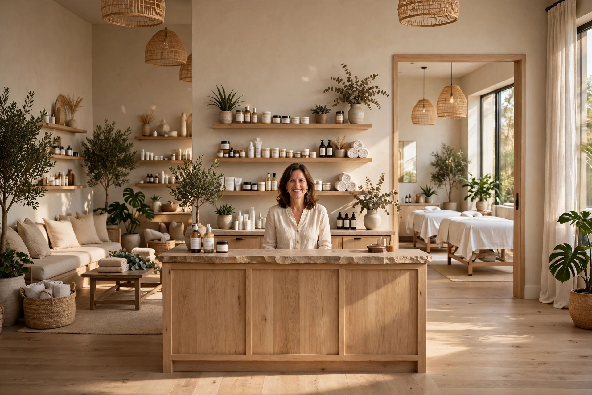 A skincare store owner at her counter