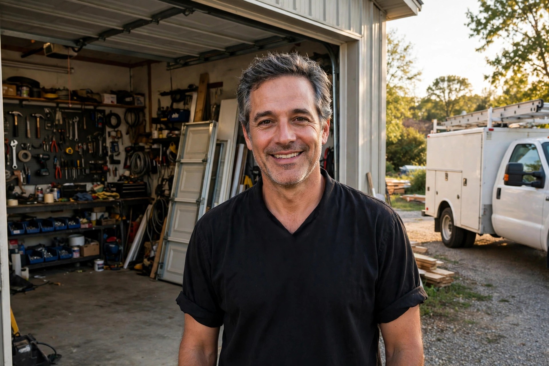 The owner of a garage door company in the doorway of his shop, his service truck beside him