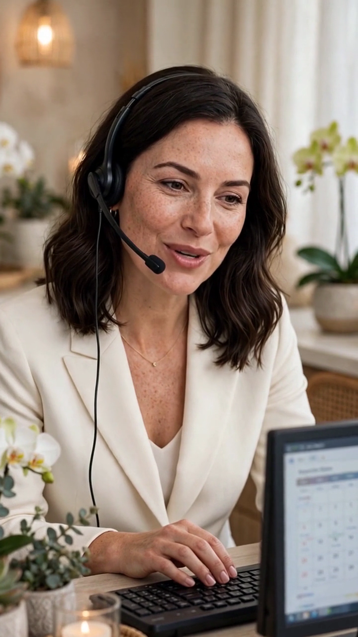 Sophie at her desk, headset on, taking a call