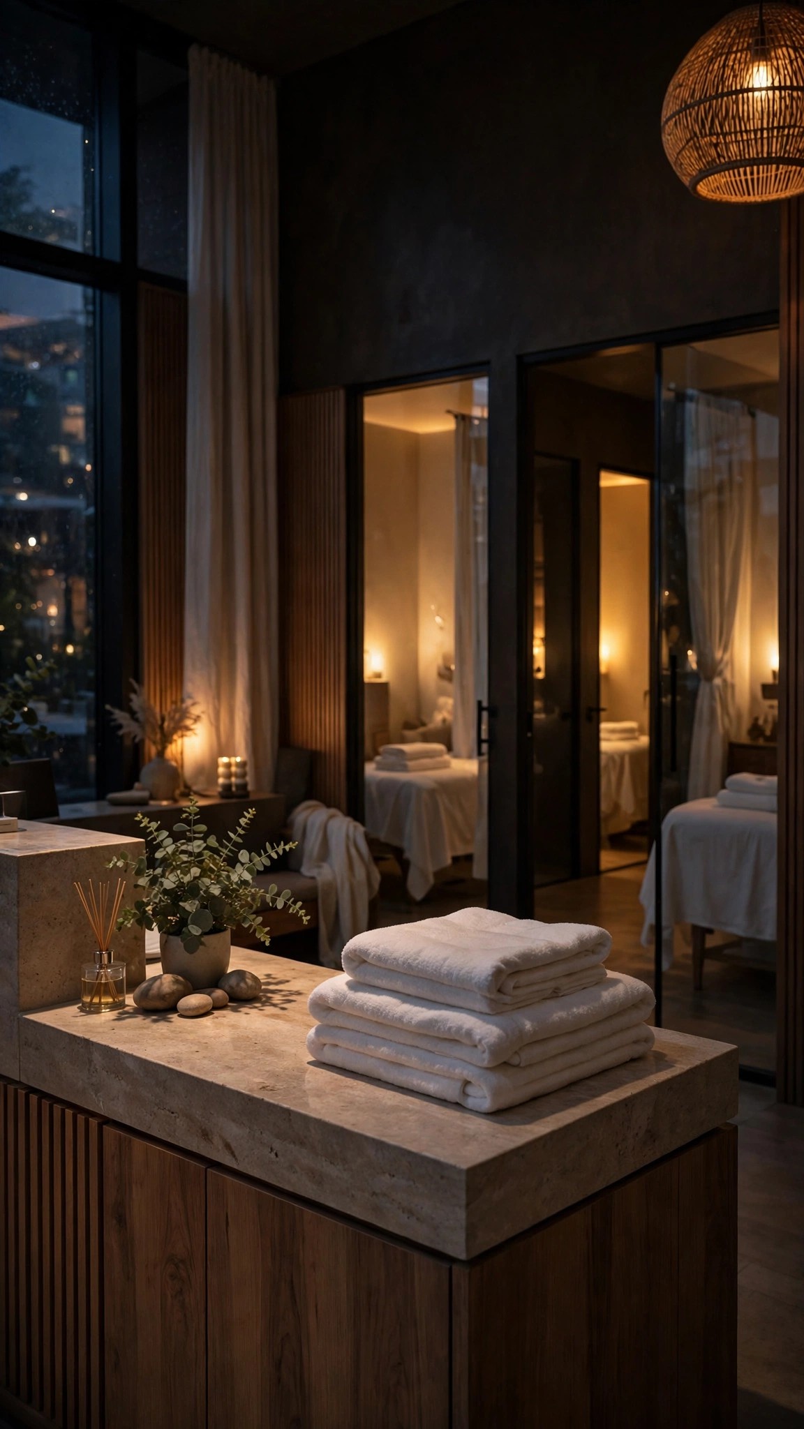 A med spa in the evening, lights on