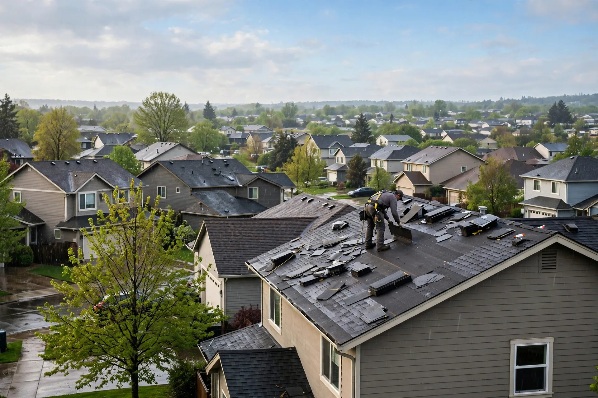 A roofer at work on a roof