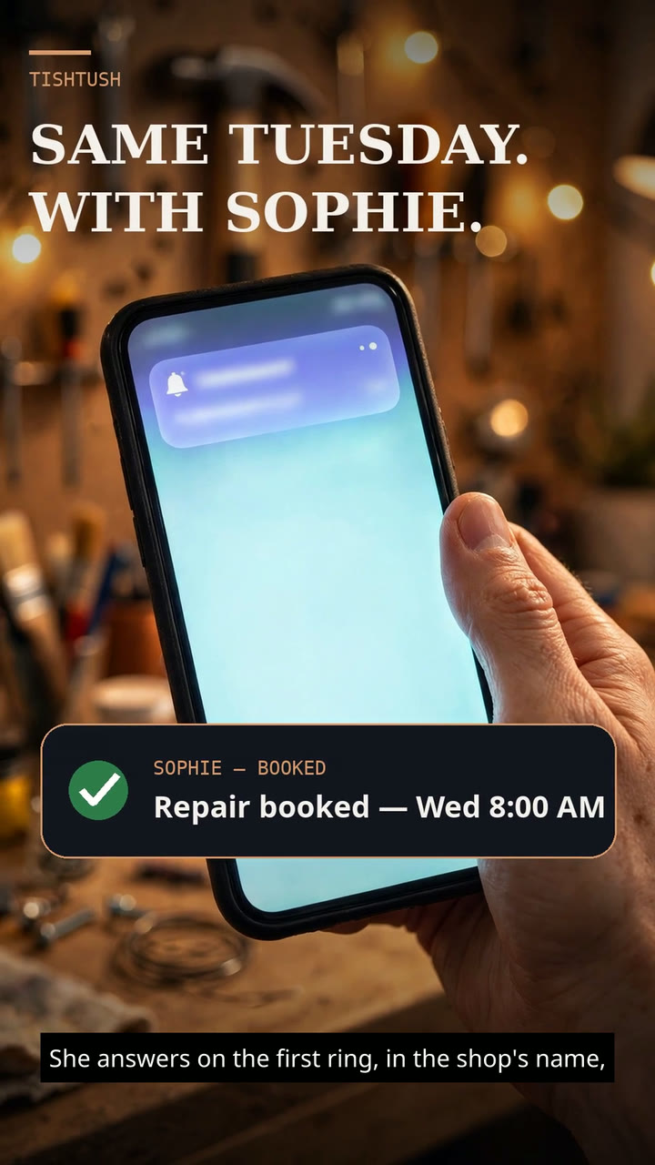 A phone showing that Sophie booked a repair for Wednesday at 8 AM