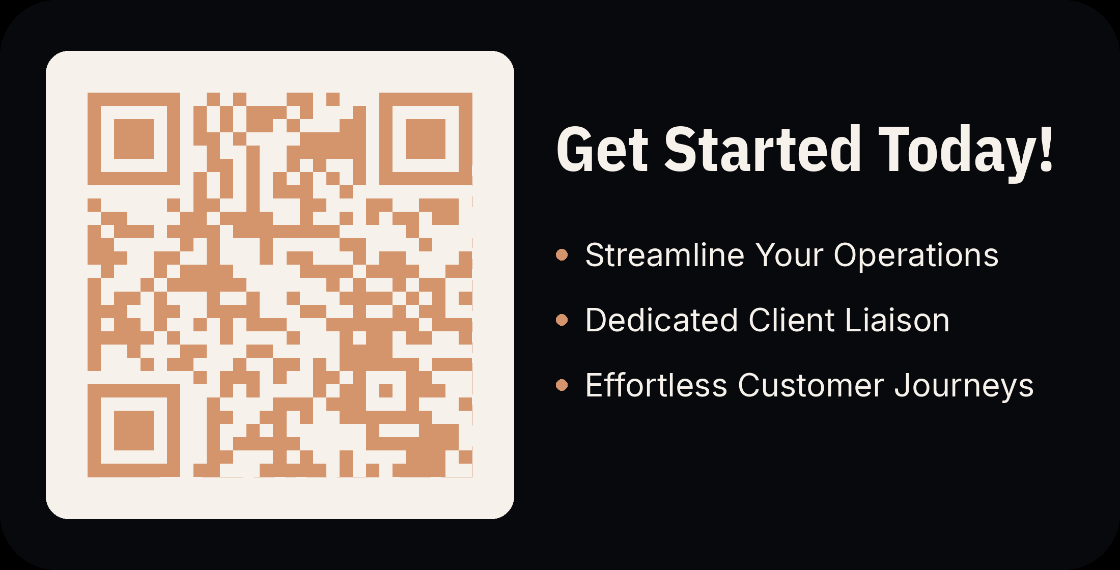 The TishTush get-started card: a copper QR code beside the words Get Started Today — streamline your operations, a dedicated client liaison, effortless customer journeys. Scan it, or tap the card, to open the signup page and start with Sophie
